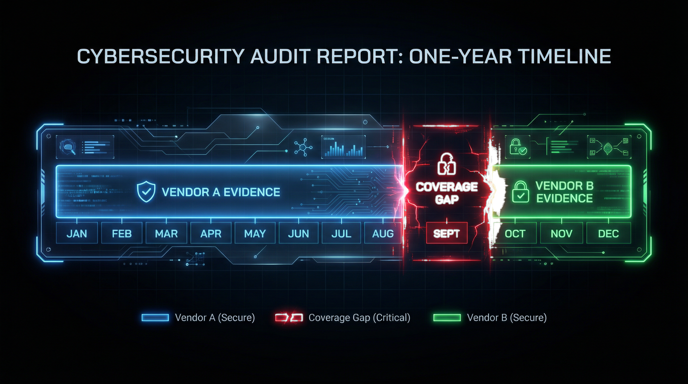 Timeline visualization showing a critical coverage gap between Vendor A and Vendor B evidence during a September migration