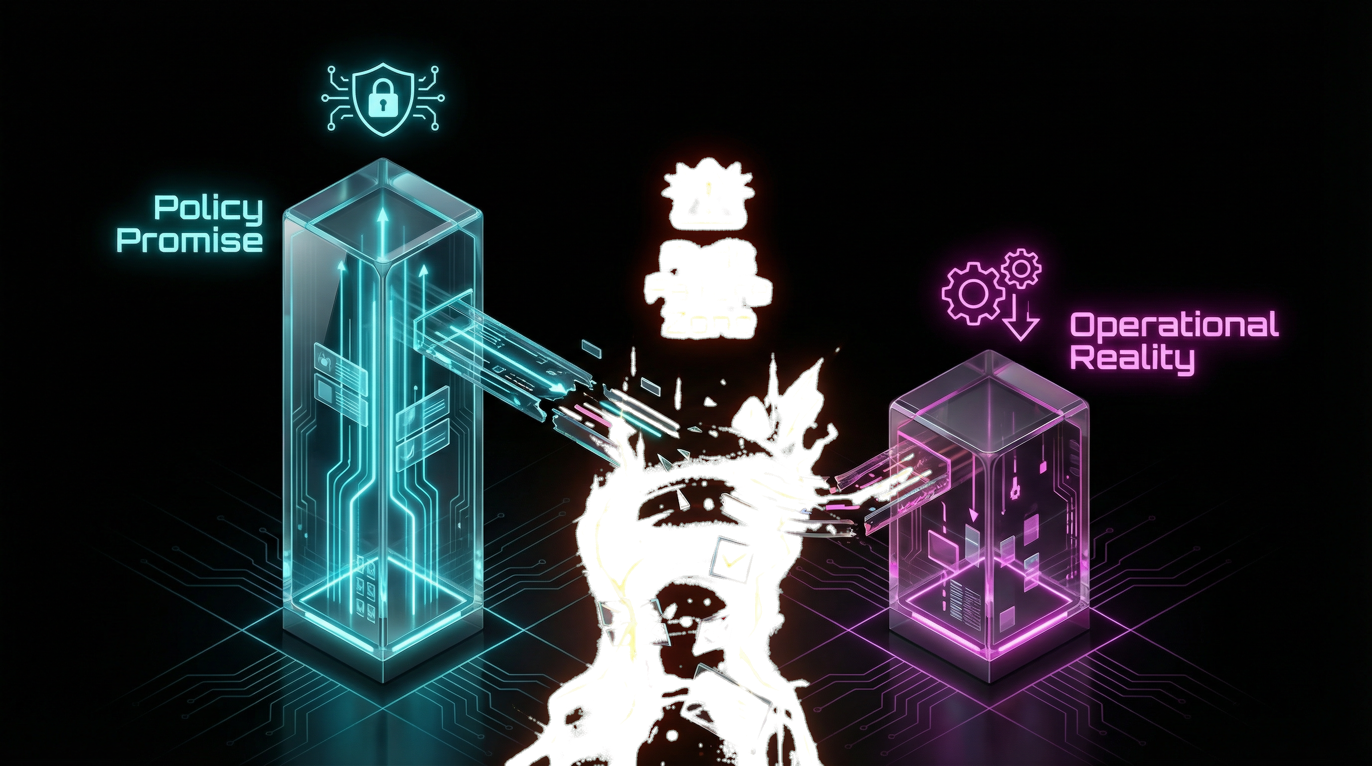 Chart illustrating the gap between aspirational policy promises and actual operational reality, leading to an audit failure zone.